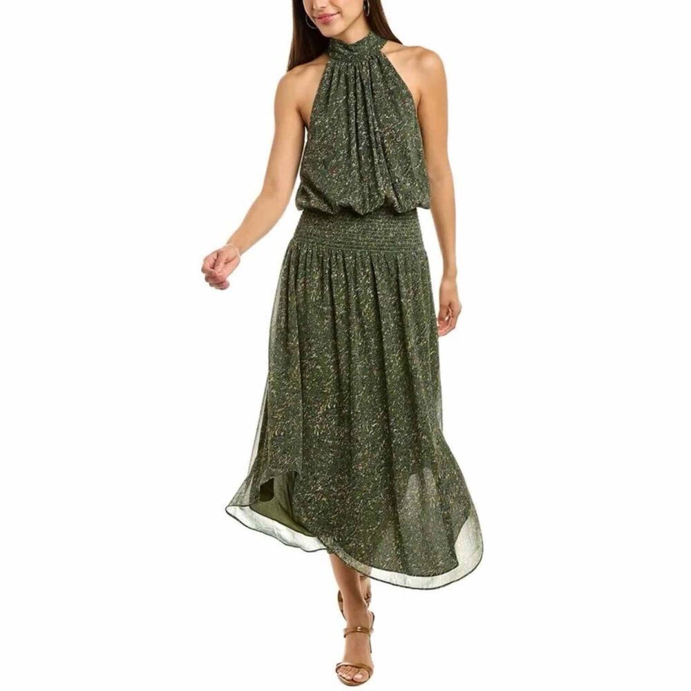 Ramy Brook Belle Halter Neck Smocked Sleeveless Midi Dress Green Multi Large